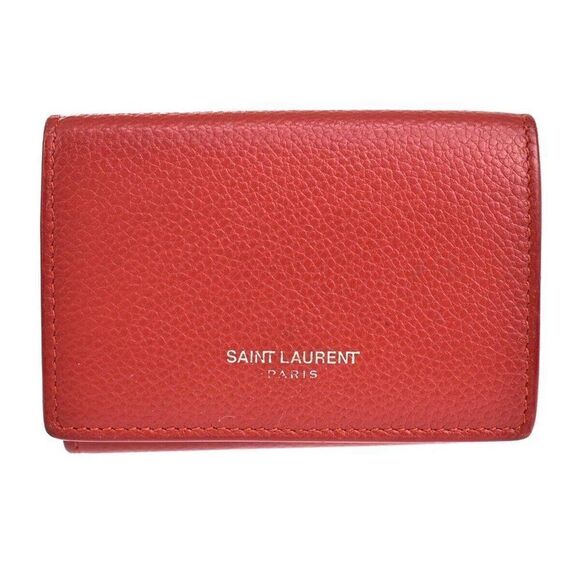 SAINT LAURENT Logo Mini Trifold Wallet Purse Leather Red Italy - Picture 1 of 10